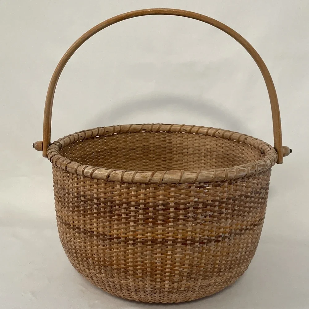 Nantucket Lighthouse Style Basket Woven Wooden Swing Handled Round 10.5